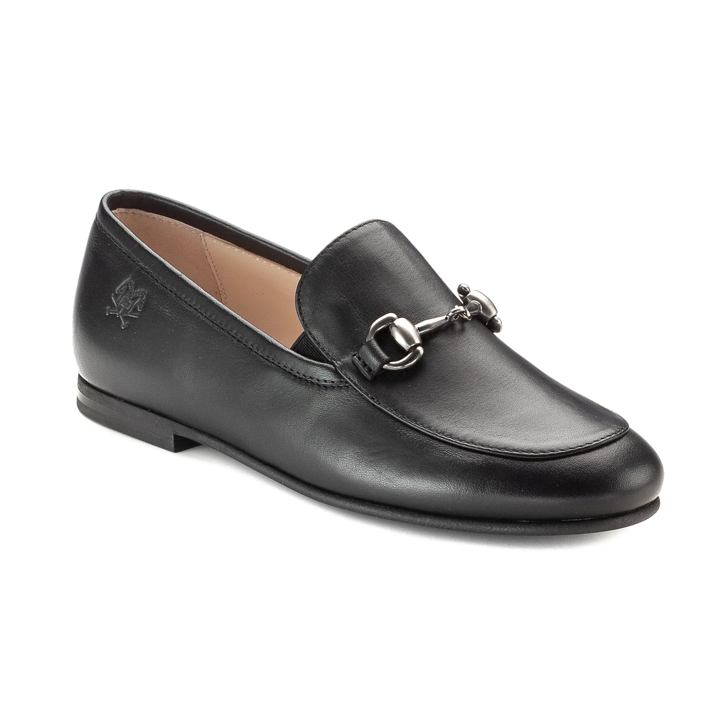 Black soft leather flat loafer for boy by London Kids - Black soft leather slip-on loafer for boys with chain detail, perfect for dress occasions.