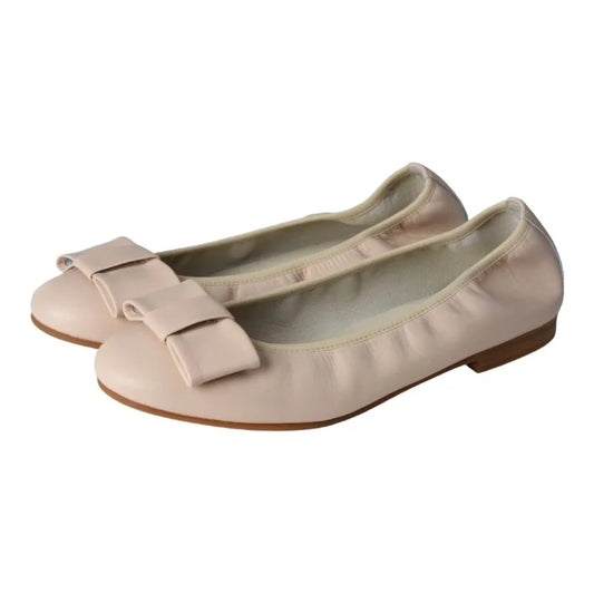 Beige soft leather flats for girls, teens, and women by London Kids - ballet flats with square bow.