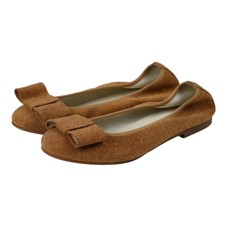 Tan glitzy flats for girls, teens, and women by London Kids - ballet flat with square bow.