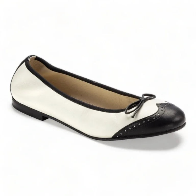 Black and Off White Leather Girls Bow Shoe