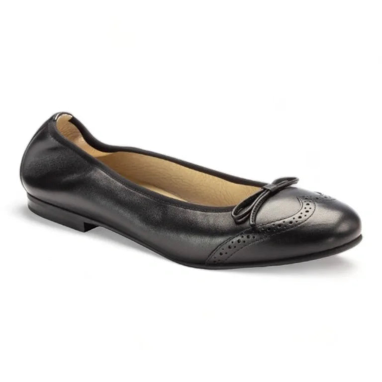 Italian black leather girls bow shoe with elegant flat design