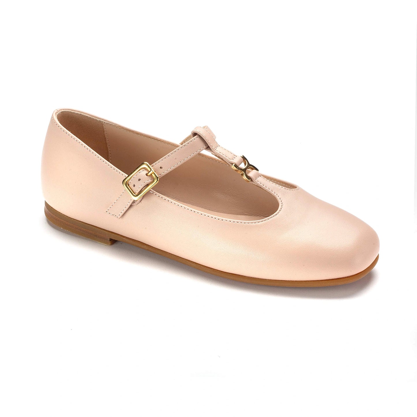 Girl’s soft pink leather Mary Jane dress shoes with T-strap detail
