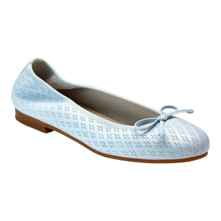 Light blue leather girls flat shoes with bow and perforation detail