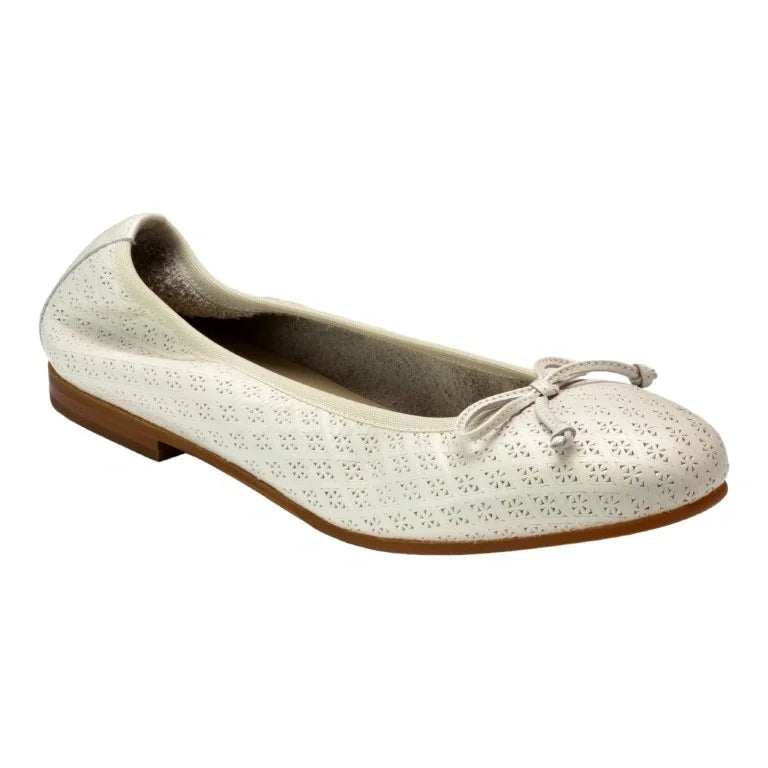 Off white leather girls flats with a bow, perforated design, made in Italy