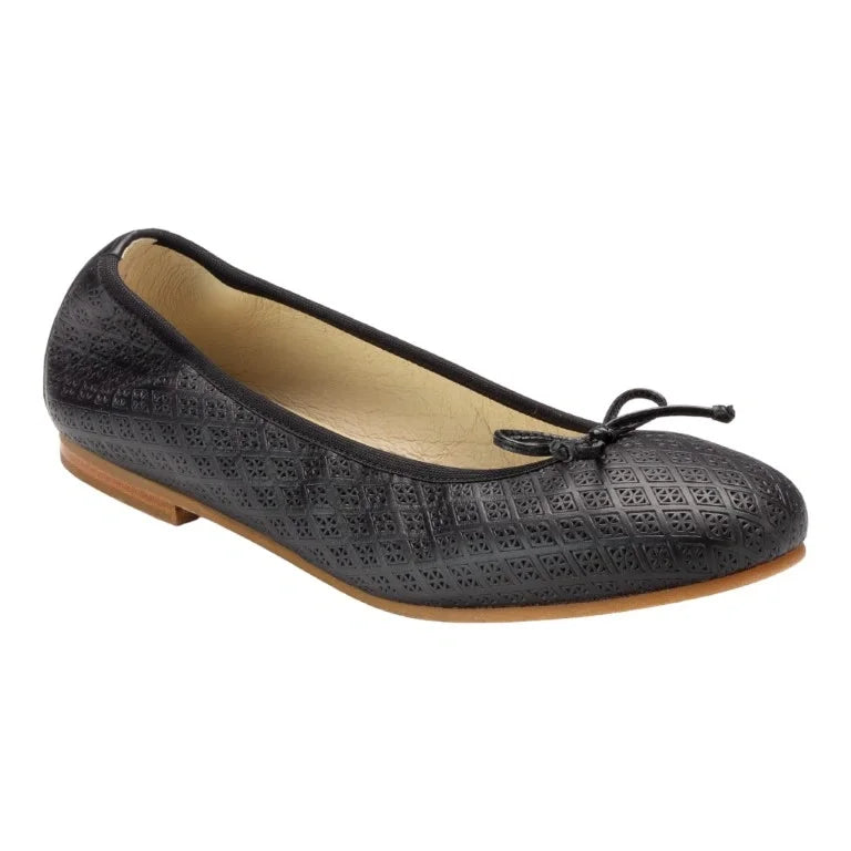 Black leather girls bow shoe with perforated pattern made in Italy