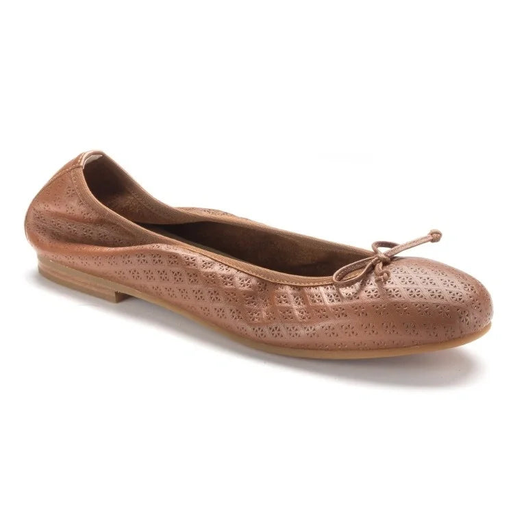 Elegant tan leather girls bow shoe with perforations