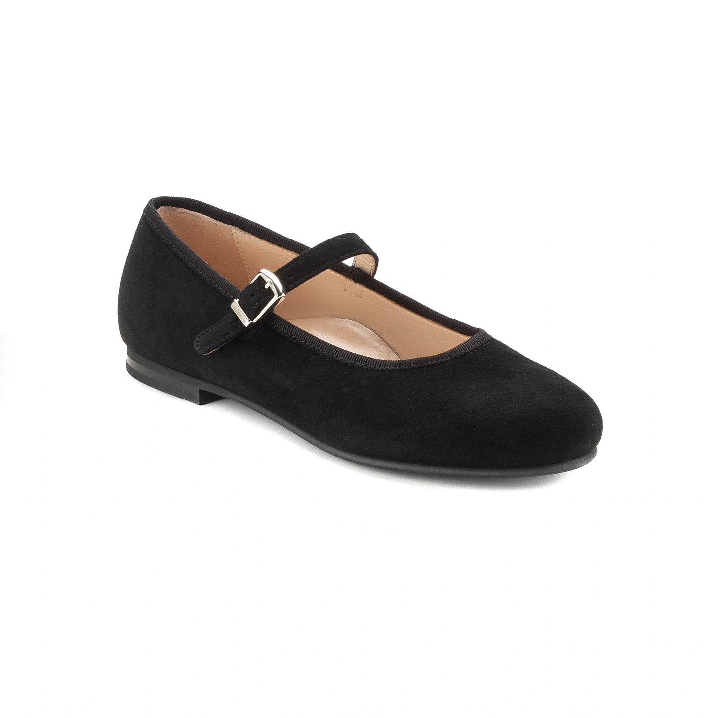 Italian-made black suede girls mary jane dress shoe with strap