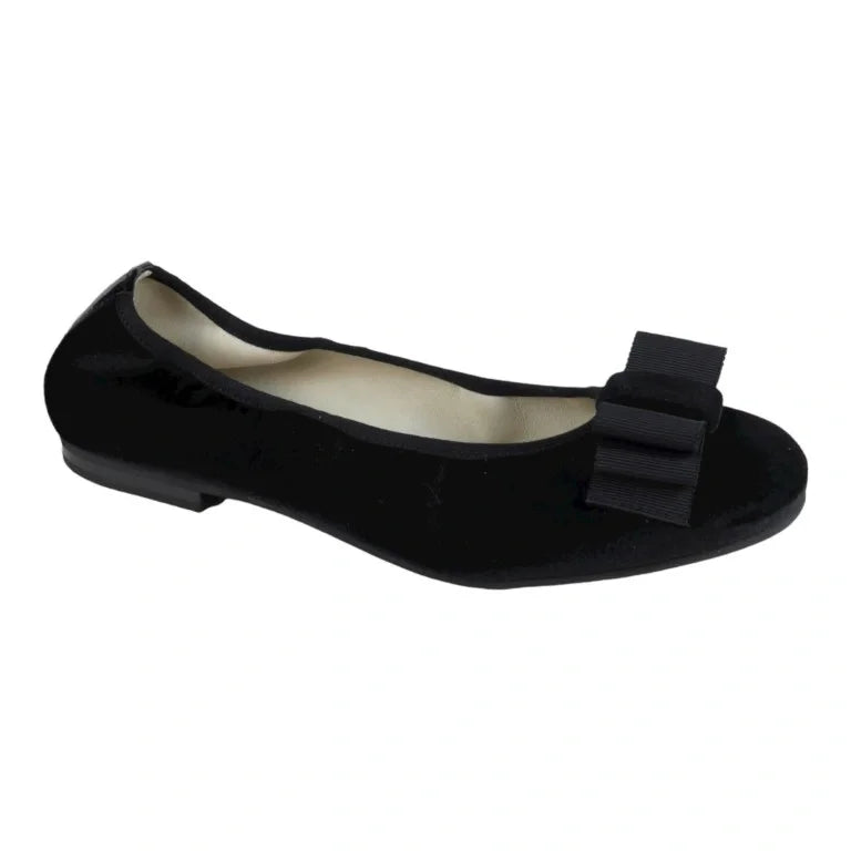 Black Velvet Flats by London Kids - Elegant bow ballet flats in black for girls, teens, and women.