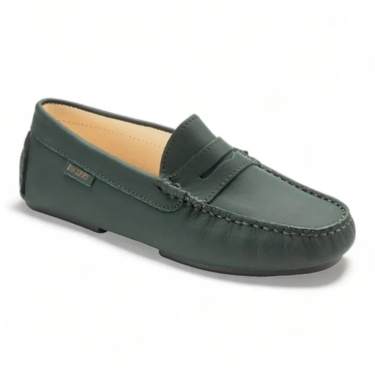 Sole of Green Sahara Leather Soft Loafer for Girl by London Kids - Classic Penny Moccasin Loafer