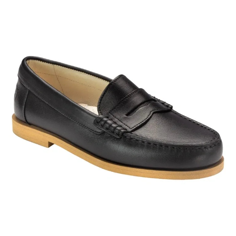 Black leather girls school loafer with beige sole