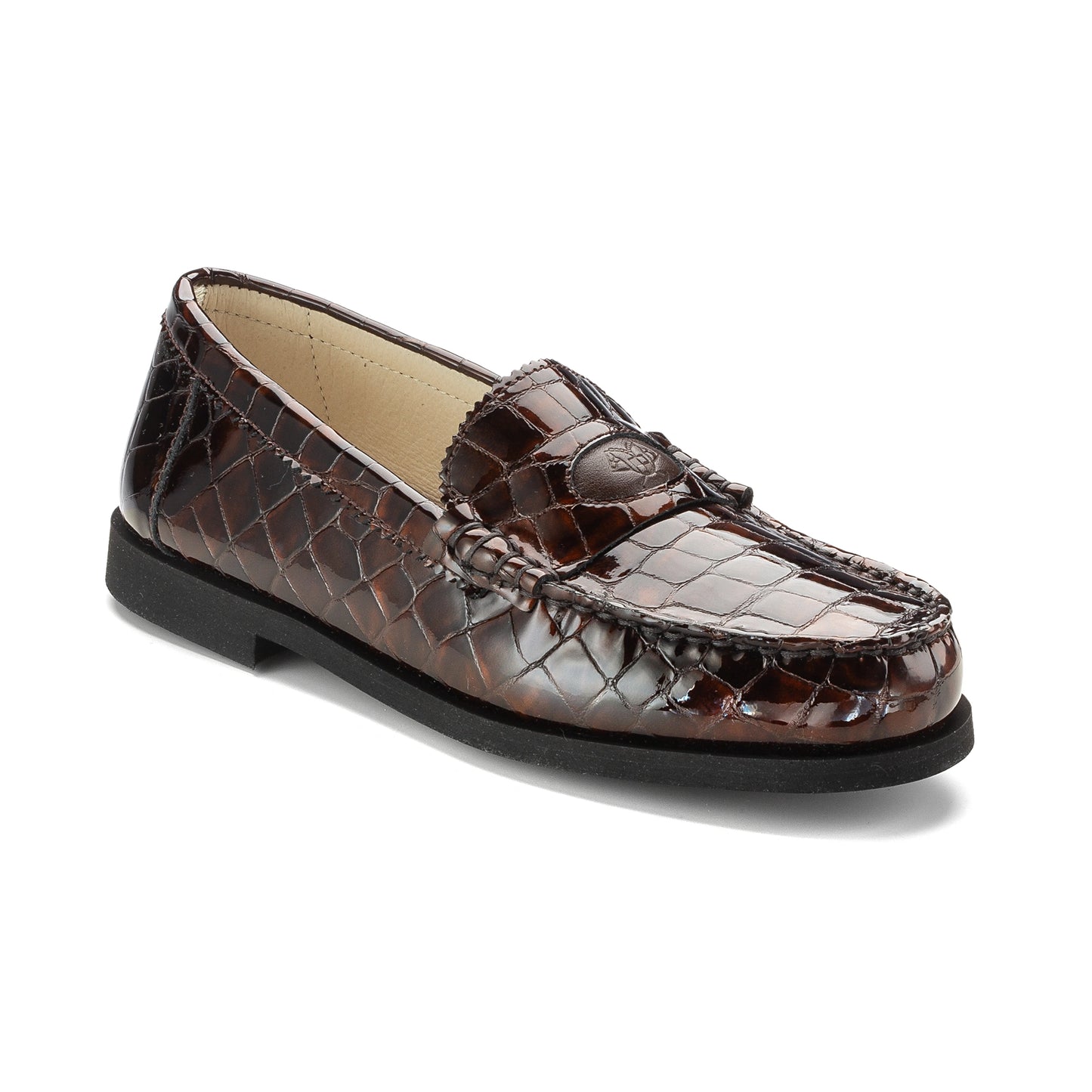 Brown crocodile texture girls loafer, made in Italy, ideal for diverse settings