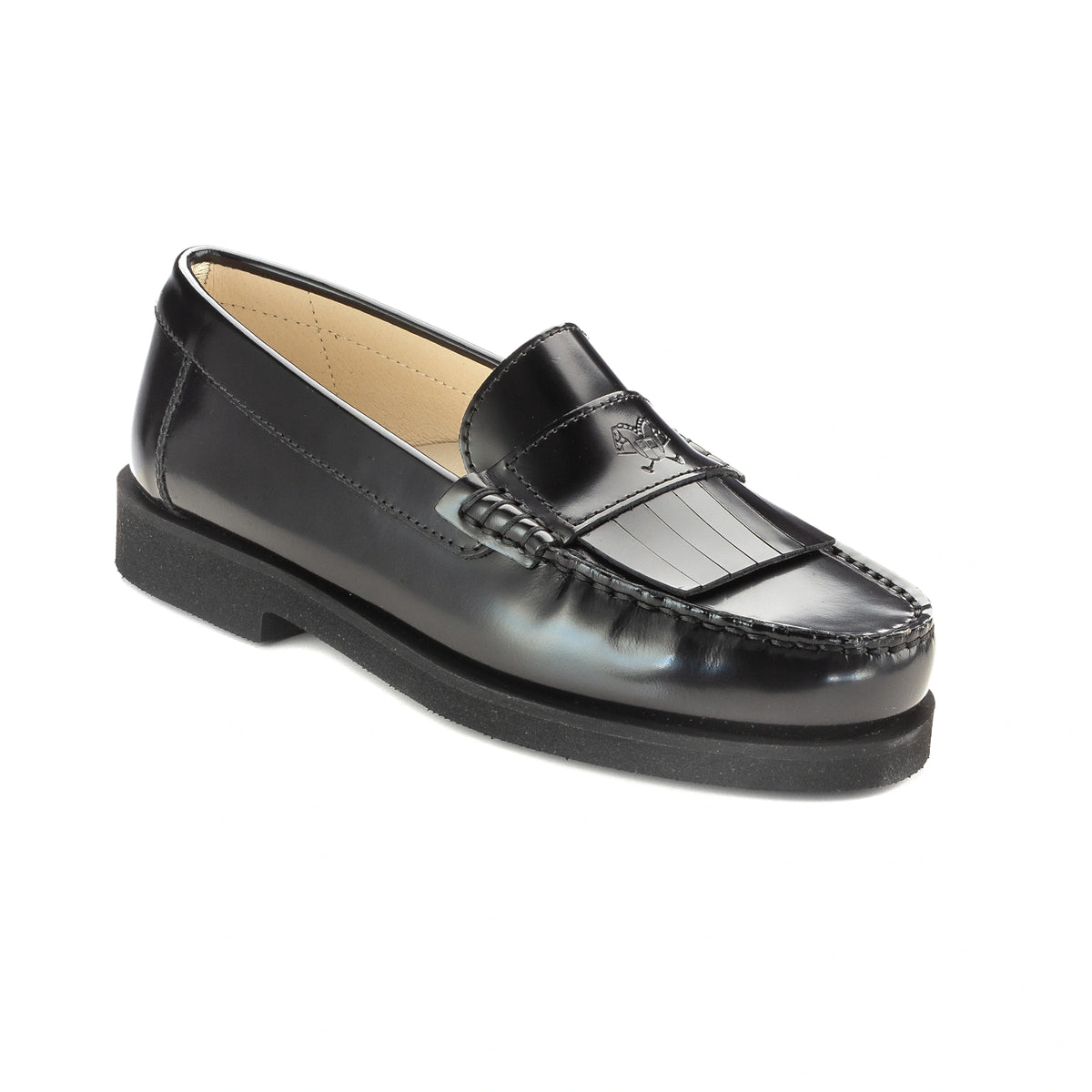 Elegant black polished leather girls loafer with tassel made in Italy
