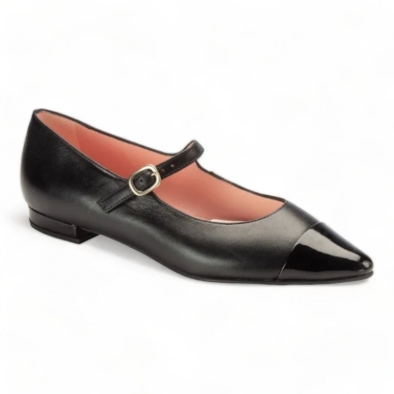 Black leather teens strap dressy shoe for dress and casual wear, made in Spain.