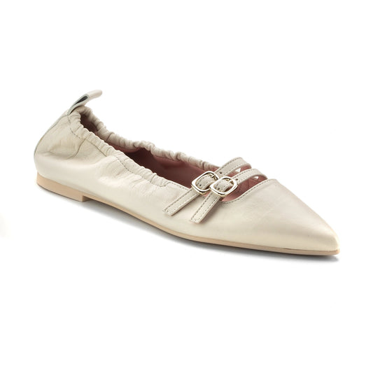 51079 - Beige Leather Teens Double Strap Shoe Pretty Ballerinas