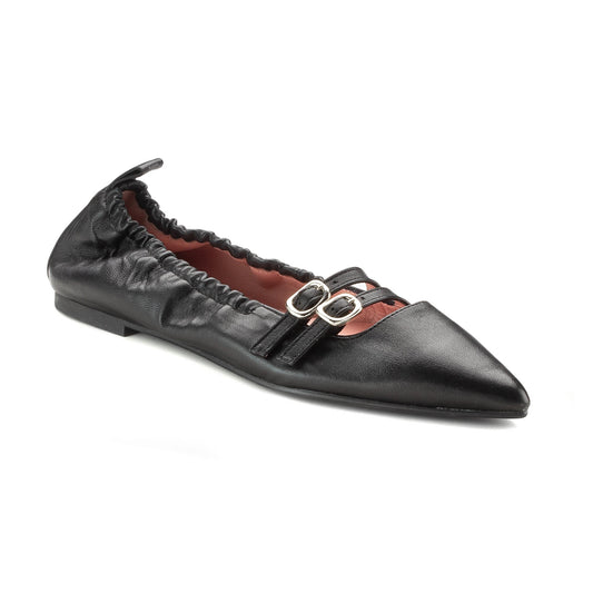 51079 - Black Leather Teens Double Strap Shoe Pretty Ballerinas