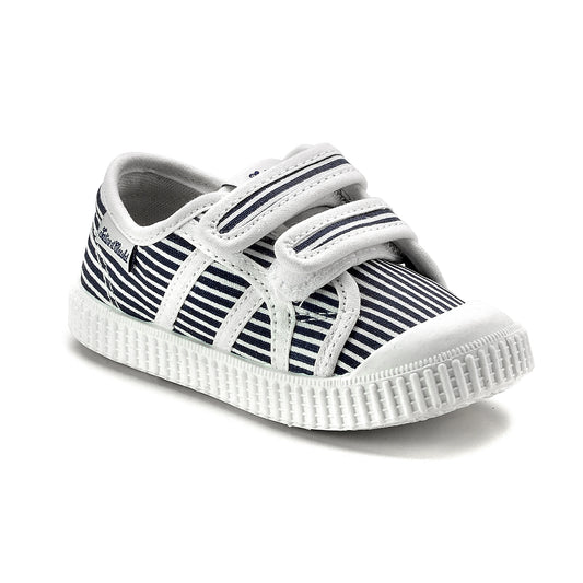Blue and white striped soft baby sneaker made in Spain