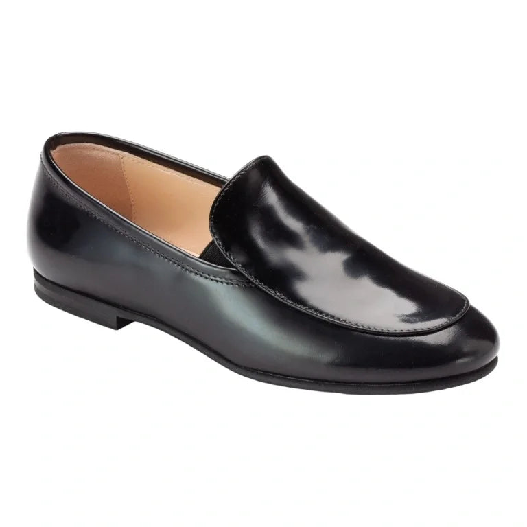 Black polished leather slip-on flat loafer for boys, made in Italy