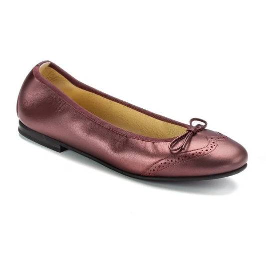 Image of 1540 Bordo Metalic girls bow shoe, elegant Italian-made leather flat for children, with a feminine bow detail