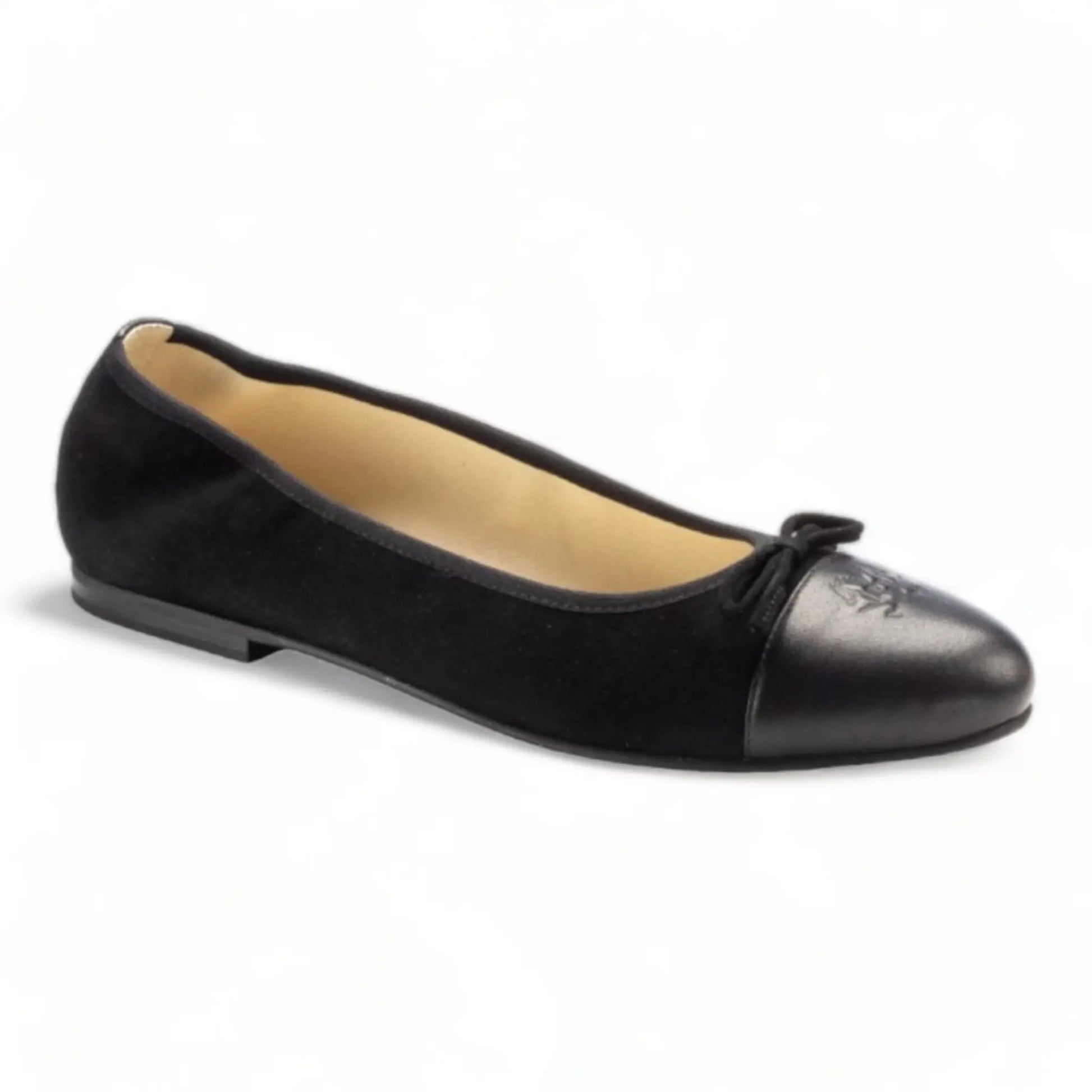 Black suede leather tip teens bow shoe made in Italy