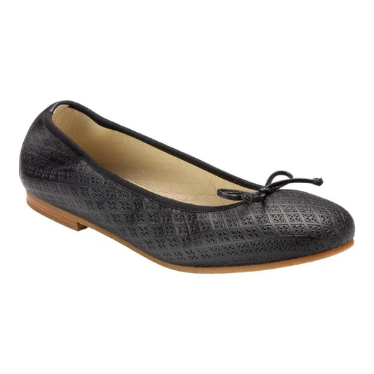 Black leather girls bow shoe with perforated pattern made in Italy