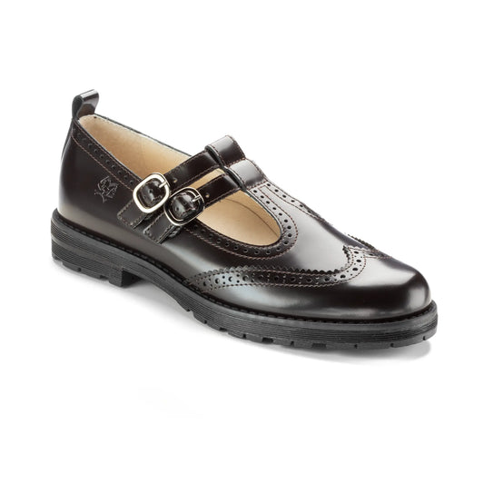 Brown Polished Leather T-Strap School Shoes for Girls