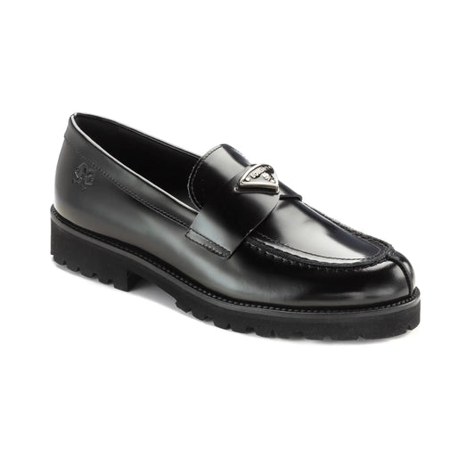 Elegant black polished leather girls dress loafer, crafted in Italy