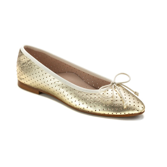 Gold Leather Girls Summer Bow Shoe with chic bow detail and flat sole for comfort