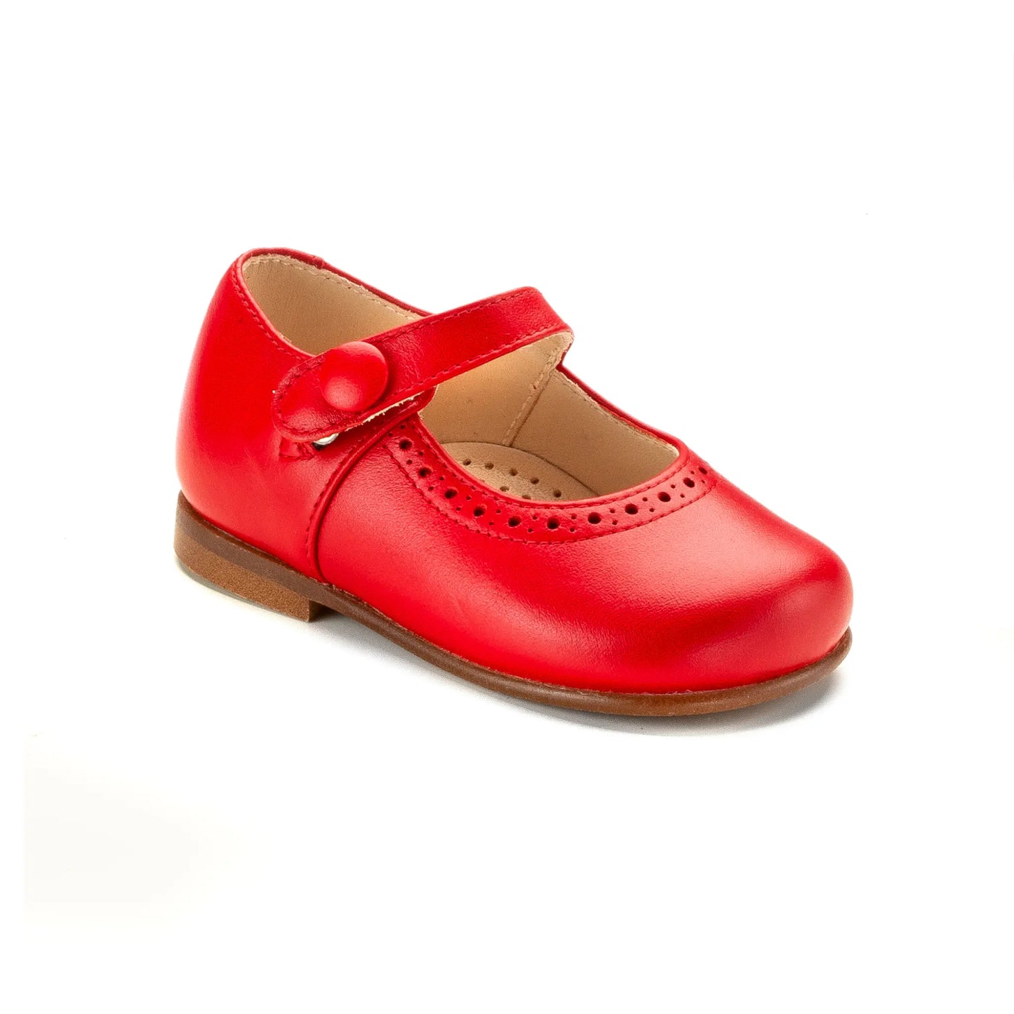 Red leather toddler Mary Jane shoes with perforation and strap, made in Spain