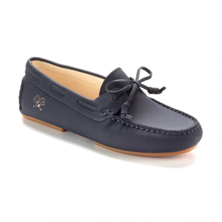Navy Sahara Leather Soft Loafer for Girl by London Kids - Classic Moccasin Loafer with Tassle Bow, Navy Color, Sahara Leather Material