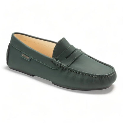 Sole of Green Sahara Leather Soft Loafer for Girl by London Kids - Classic Penny Moccasin Loafer