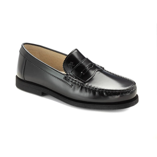 Black polished leather girls school loafer made in Italy