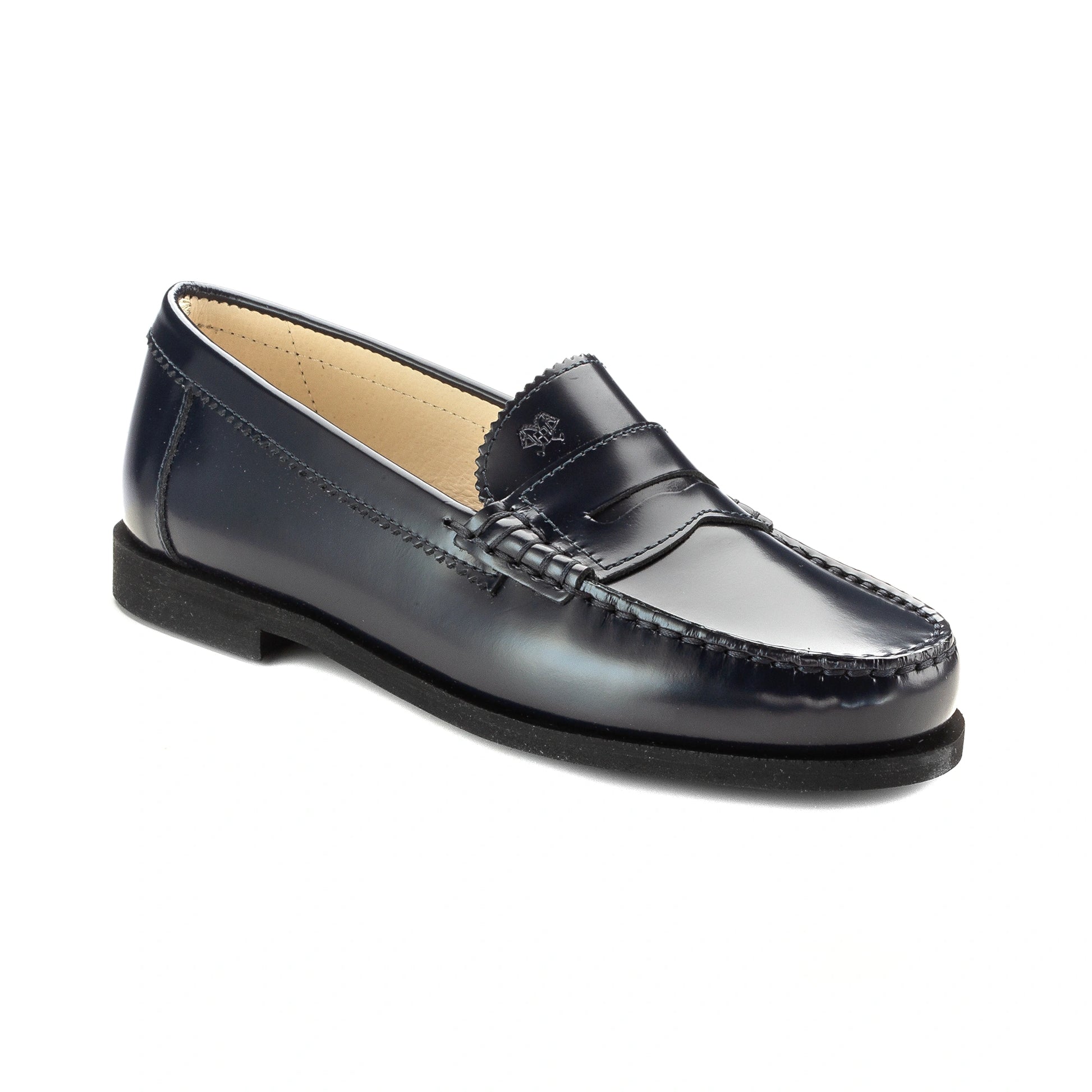Navy polished leather girls school loafer