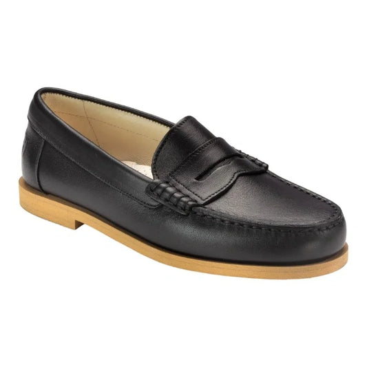 Black leather girls school loafer with beige sole