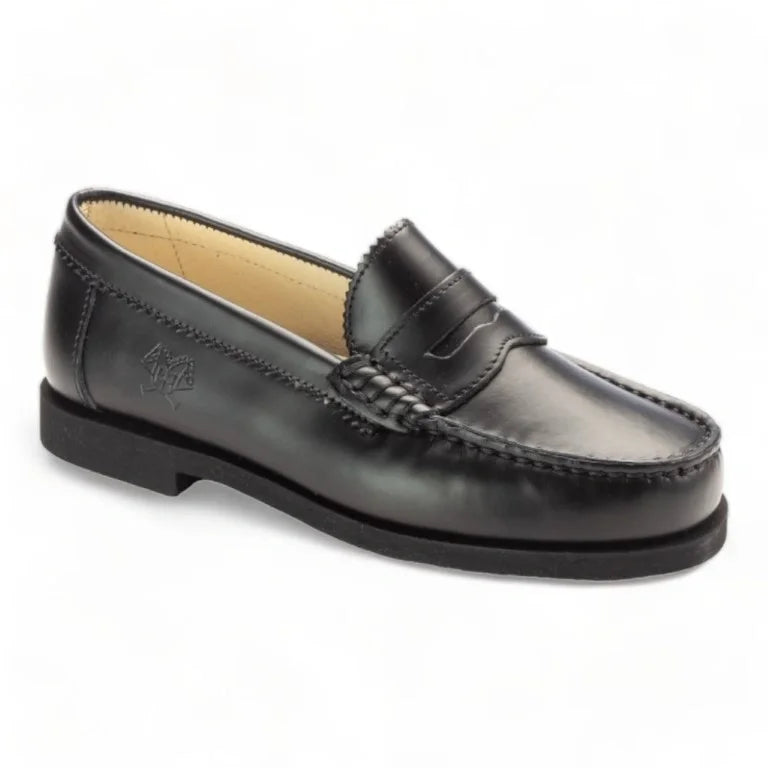 Black polished leather girls school loafer made in Italy