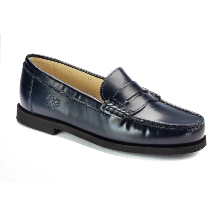 Navy polished leather girls school loafer