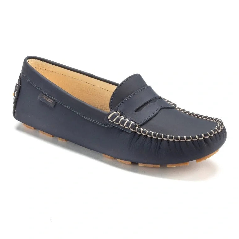 Navy Sahara Girls Moccasin Loafer with Beige Stitch Detail