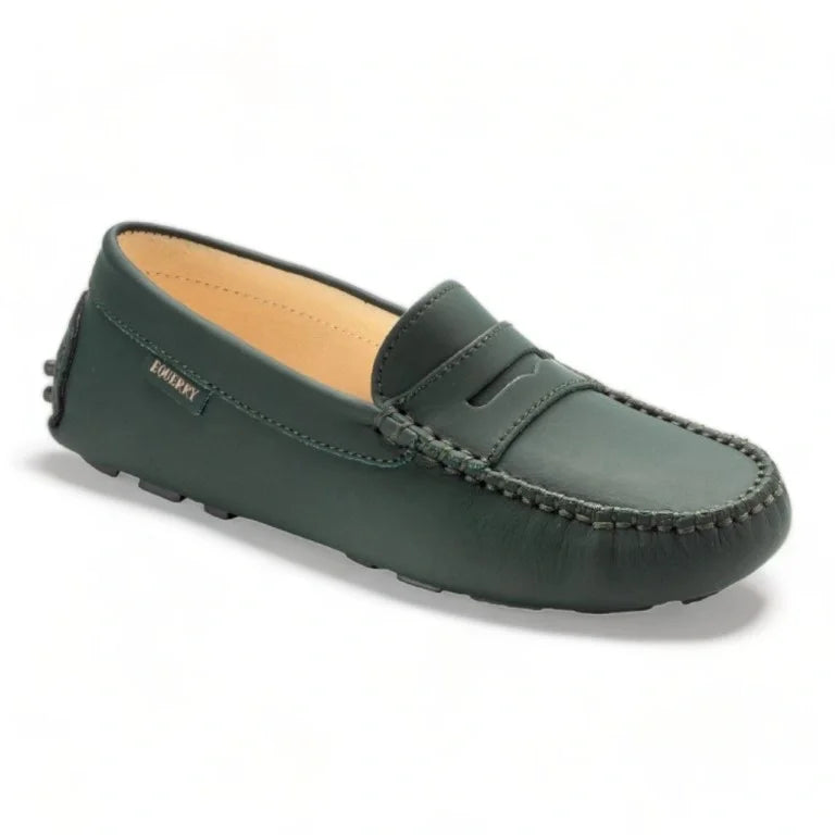 Green Sahara Girls Mocassin Loafer, soft and broken in, made in Italy.