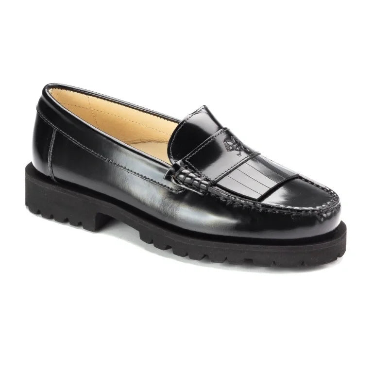 2637 Black Polished Leather Girls Fringe School Loafer
