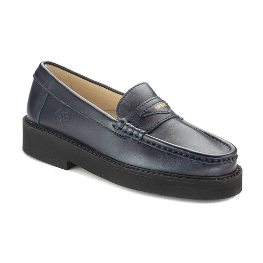 Navy leather high sole loafer for girls, made in Italy