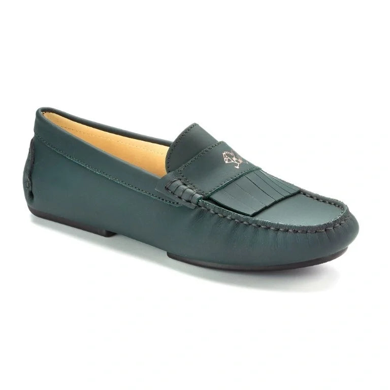Girl's Green Sahara Mocassin Fringe Style Loafer, Made in Italy