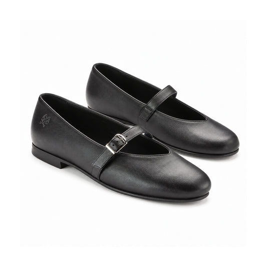 1598 - Black Leather Teens Dressy Strap Shoe