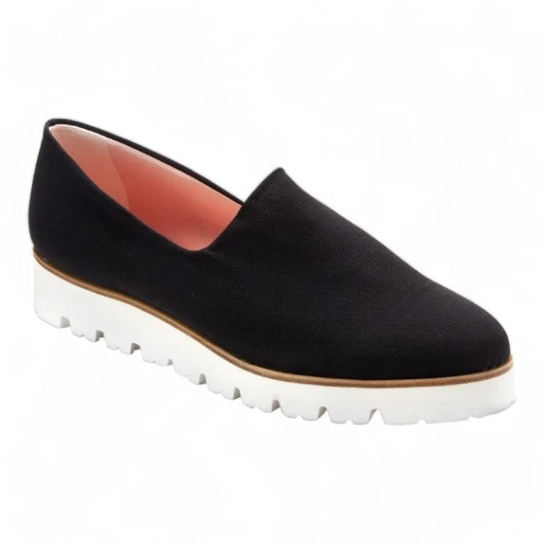 Elegant black net slip on dress shoe with white sole