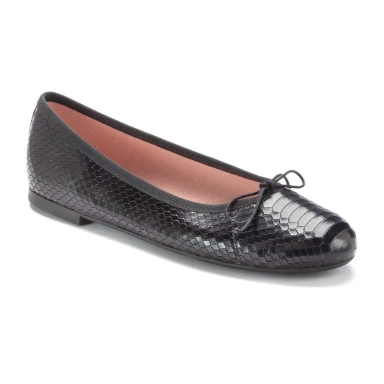 49788 Black Patent Snake Teens Bow Shoe image displaying elegant bow detail and patent snake finish