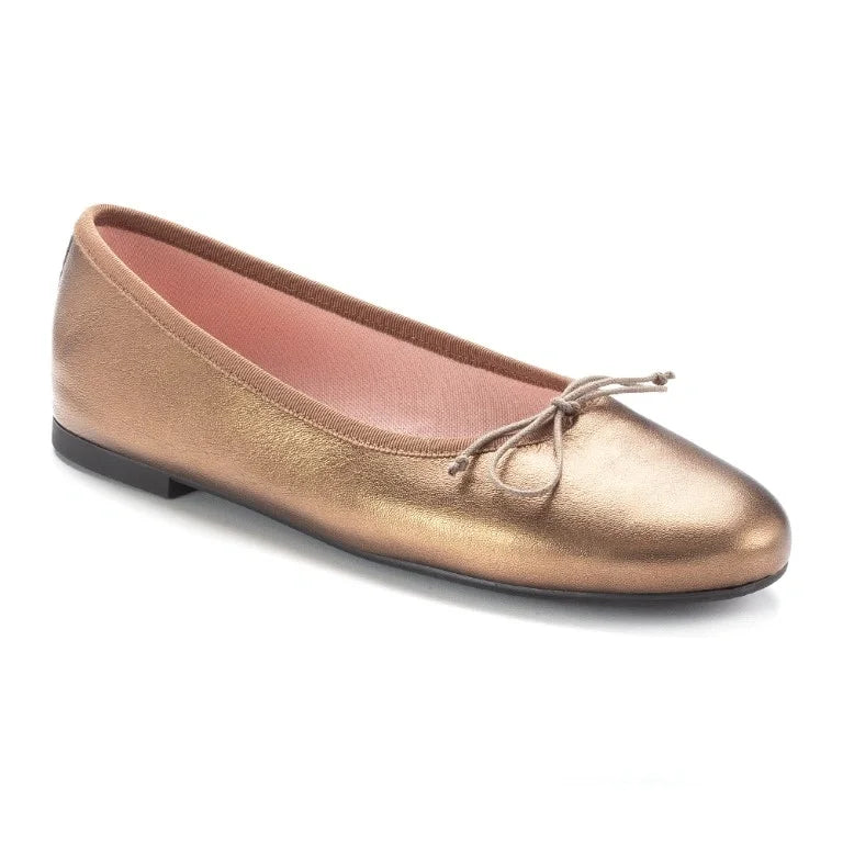 Rust metallic leather teens bow shoe on white background