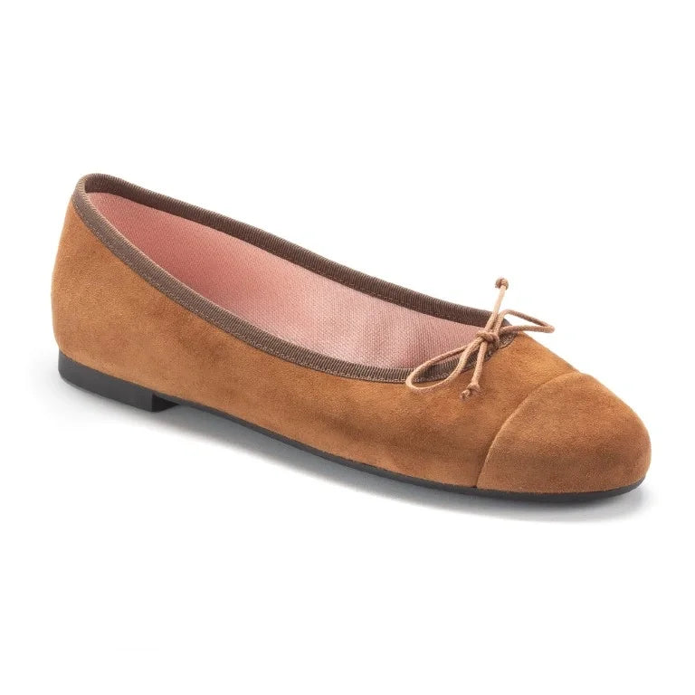 Rust suede teens bow shoe cap, flat design, made in Spain