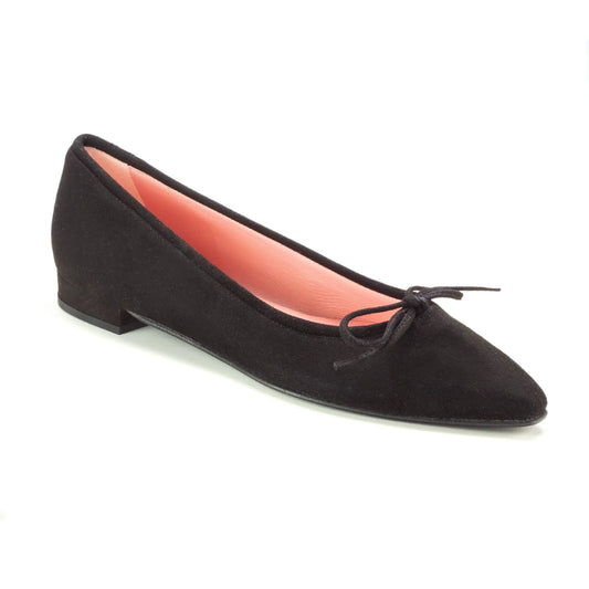 Image of Black Suede Teens Bow Shoe, flat comfortable design, made in Spain