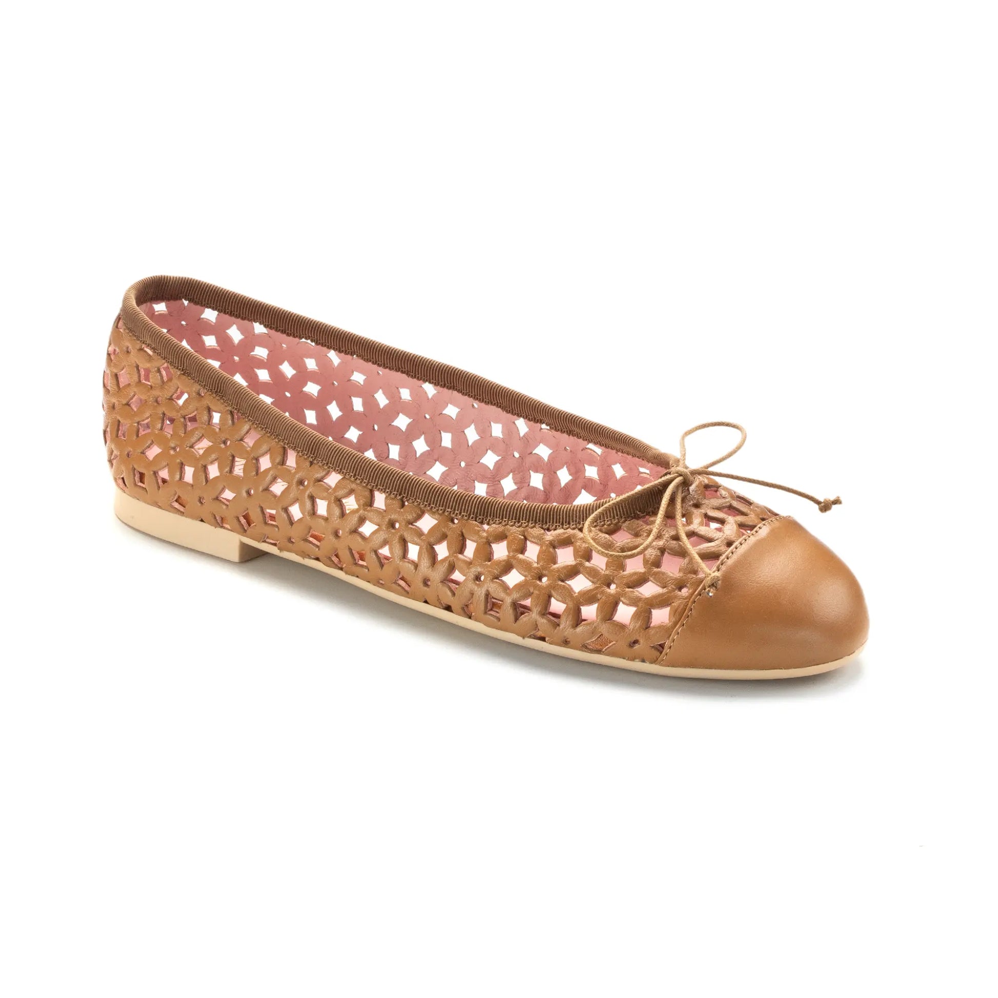 52989 Tan Leather Teens Bow Shoe with Cut Out Design for Summer