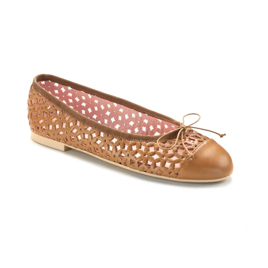 52989 Tan Leather Teens Bow Shoe with Cut Out Design for Summer