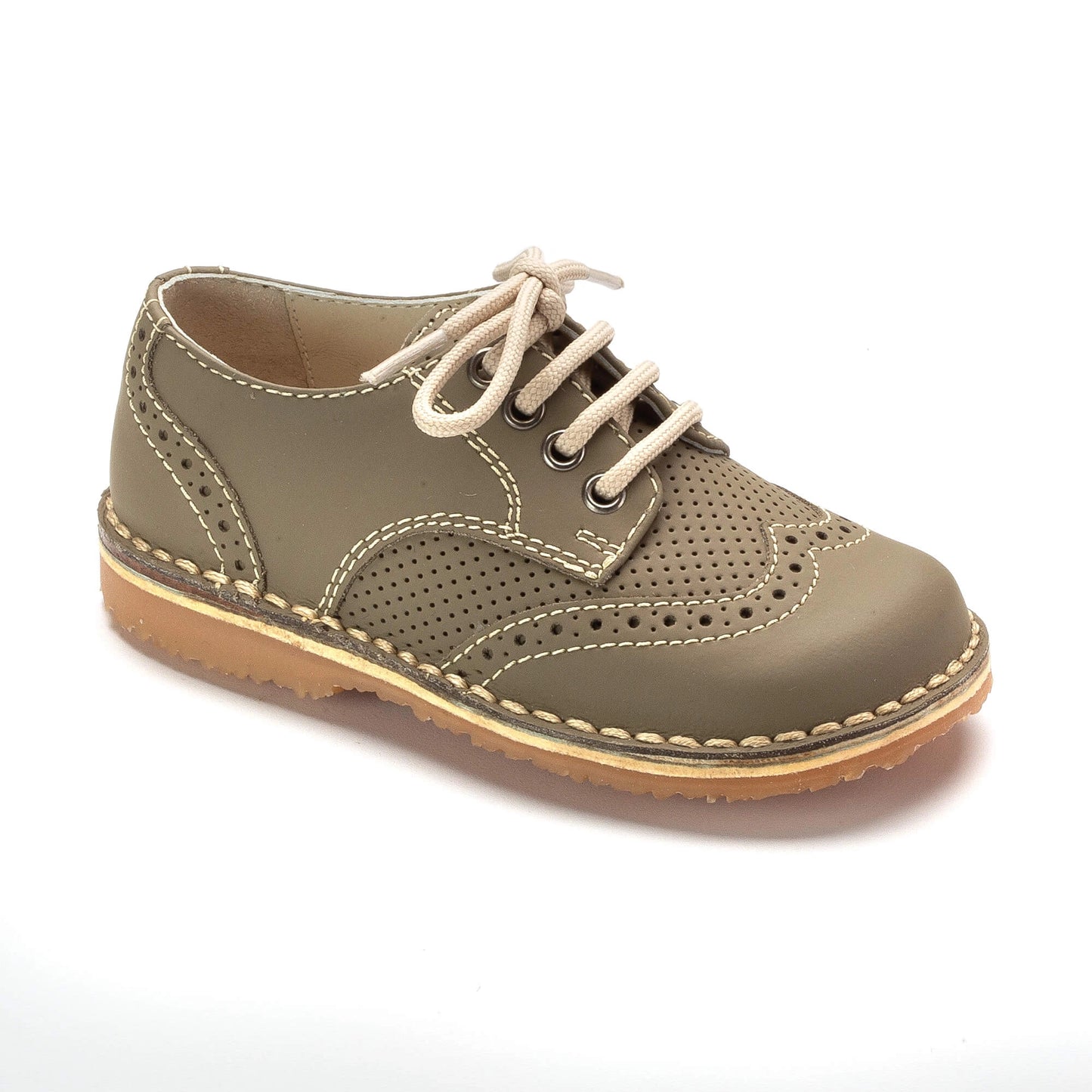 A pair of Taupe Sahara color boys summer oxford shoes with lace