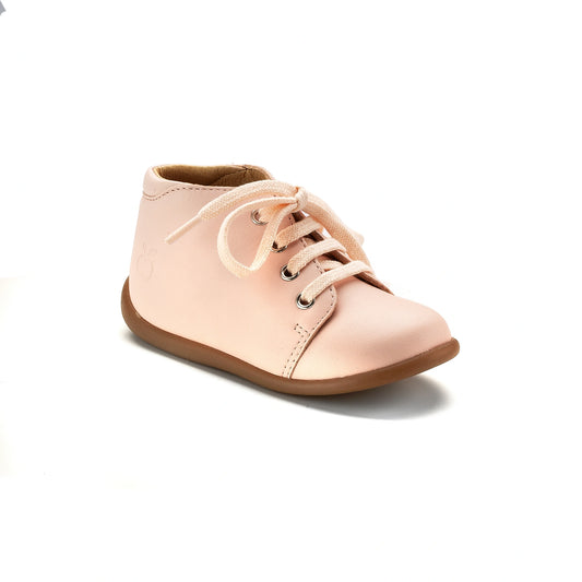 Pink leather baby high shoe by Bottine, crafted in Spain for toddlers